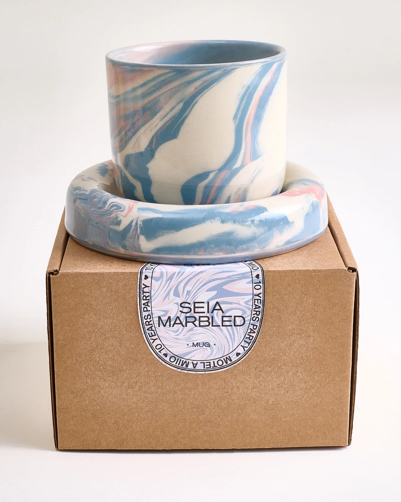 Seia Becher & Untertasse marbled blau weiß