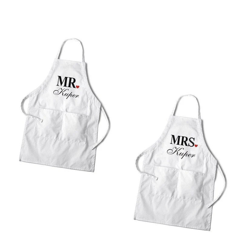 Mr. and Mrs. Couples Personalized White Apron Set