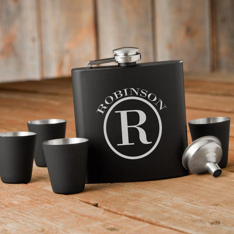 Circle Monogram Black Matte Flask Gift Set