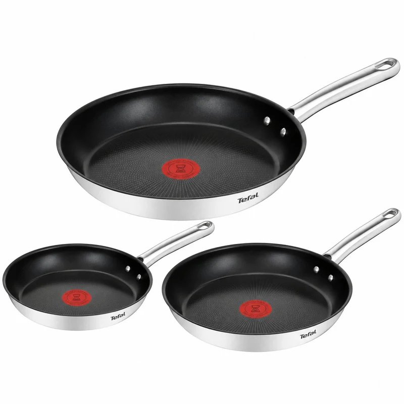 Poêles en inox tous feux dont induction Tefal Duetto – lot de 3, Ø 20, 24 et 28 cm