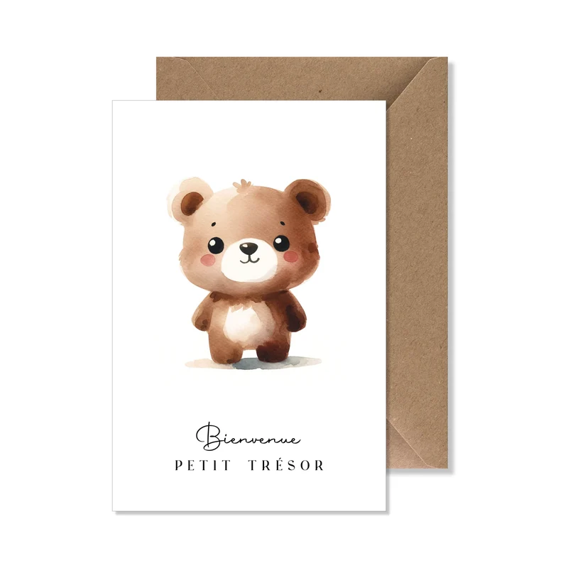 Carte de vœux A6 "bienvenue petit trésor" aquarelle ours