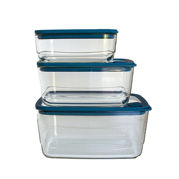 Set 3 boîtes en verre rectangulaires avec couvercles silicone 720, 1500 et 2900 ml compatibles micro-ondes Pebbly