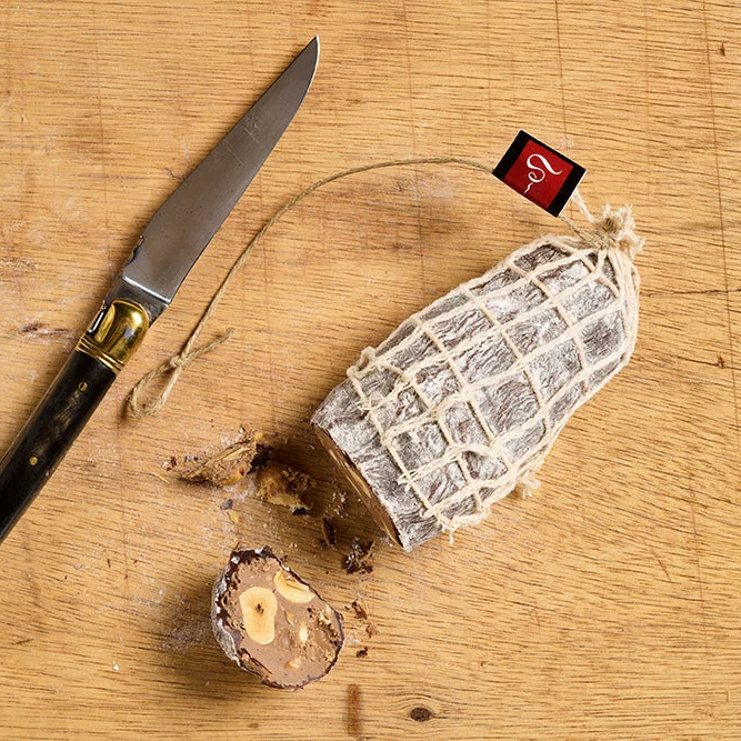 Saucisson en chocolat noir praliné noisette