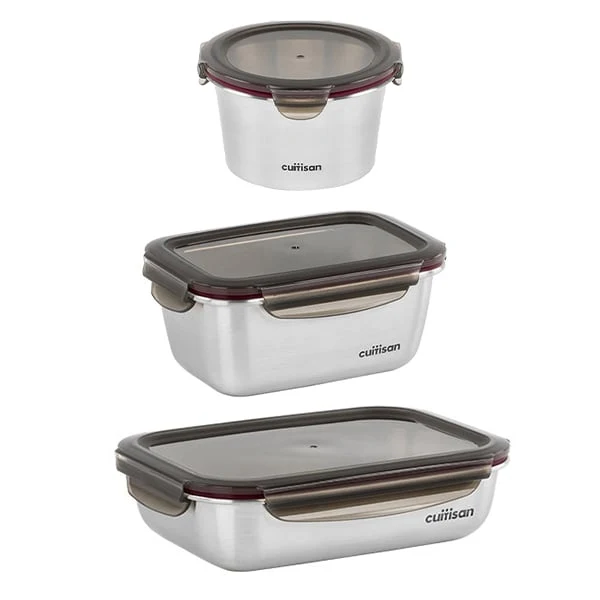 Set de 3 boîtes de conservation en inox 920ml, 980ml et 1900ml compatibles micro-ondes Cuitisan