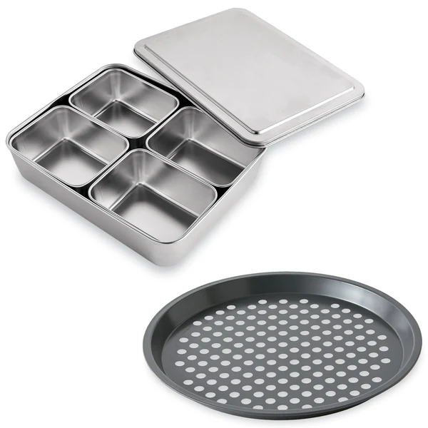 Lot de 5 bacs de préparation culinaire en inox et d’un moule à pizza perforé en acier antiadhérent 29,5 cm Mathon