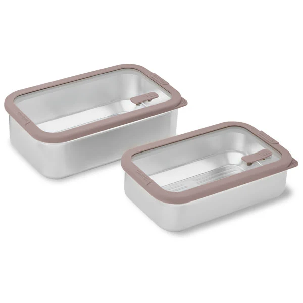 Lot 2 boîtes de conservation rectangulaires en inox avec couvercles en verre 700 ml et 1L compatibles micro-ondes Mathon