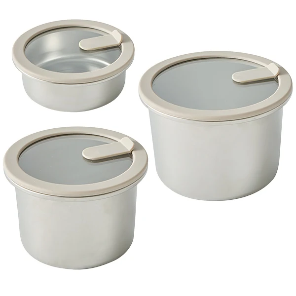 Lot 3 boîtes de conservation rondes en inox avec couvercles en verre 450 ml, 900 ml et 1,5 L compatibles micro-ondes Mathon