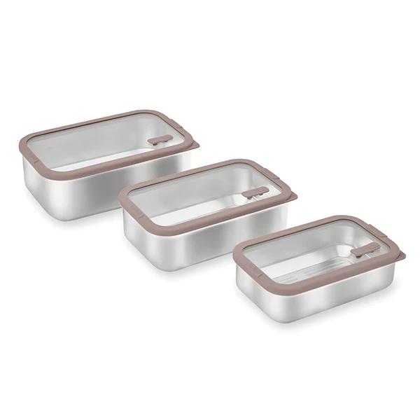 Lot 3 boîtes de conservation rectangulaires en inox avec couvercles en verre 700 ml, 1L et 1,65 L compatibles micro-ondes Mathon