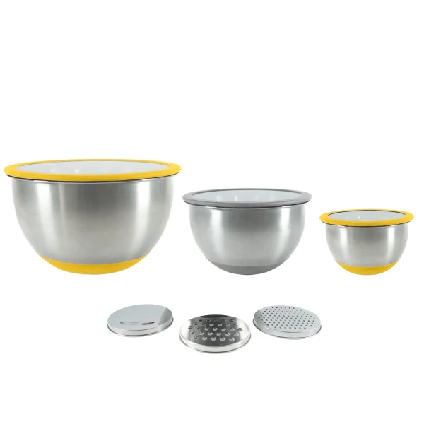 Set 3 bols en inox 1.4 L, 2.8 L et 4.7 L avec couvercles et 3 râpes interchangeables Pika