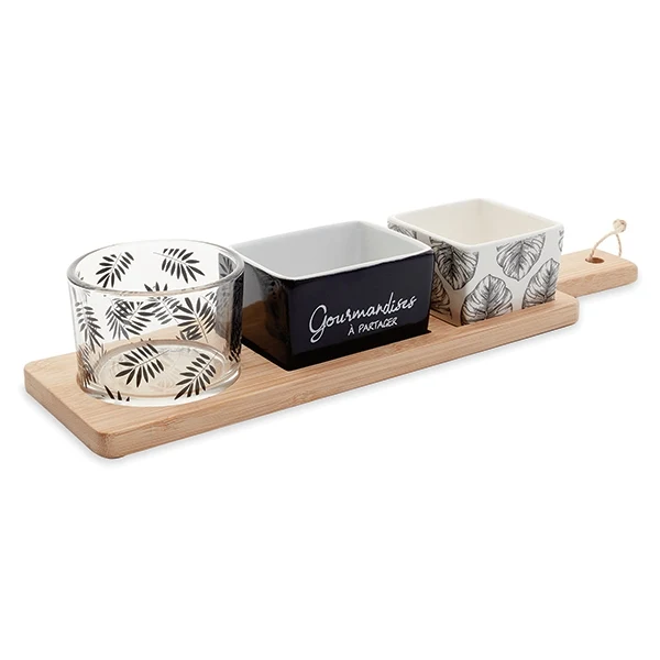 Service apéritif plateau bambou 31 cm avec 3 coupelles porcelaine et verre motifs fougères Mathon