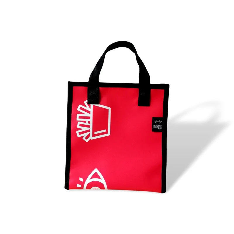 Sac à lunch rouge avec dessin blanc frite oeil et violon