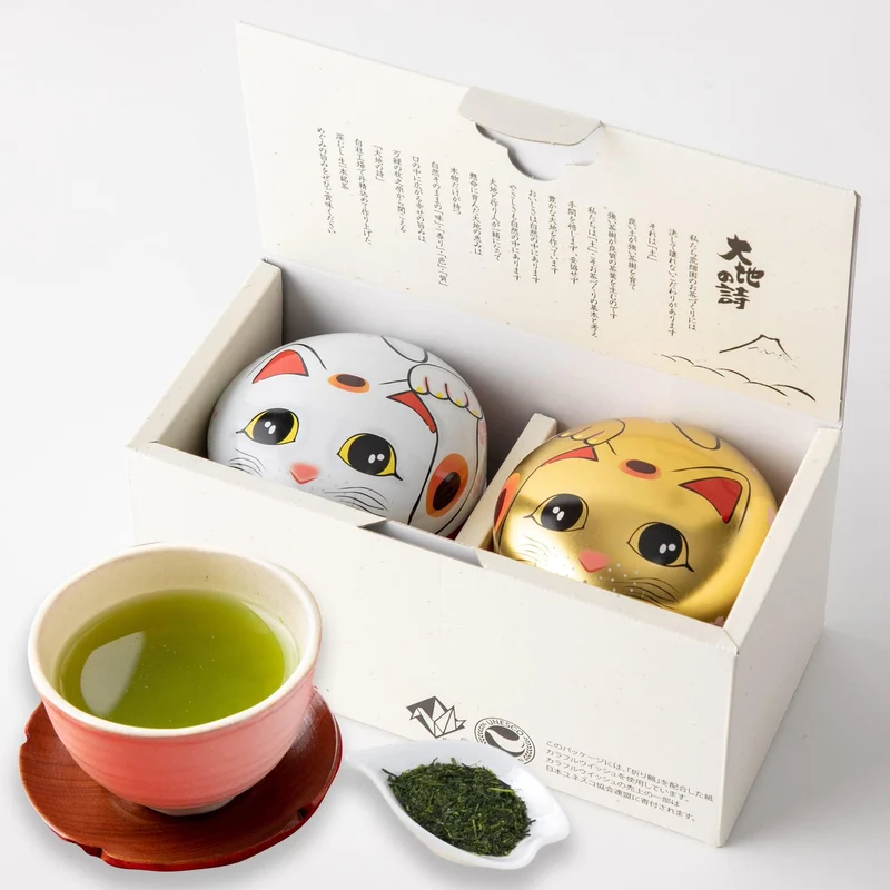 Arahataen Shizuoka Green Tea Lucky Cat Can Gift Set 80g×2 Deep-Steamed Leaves