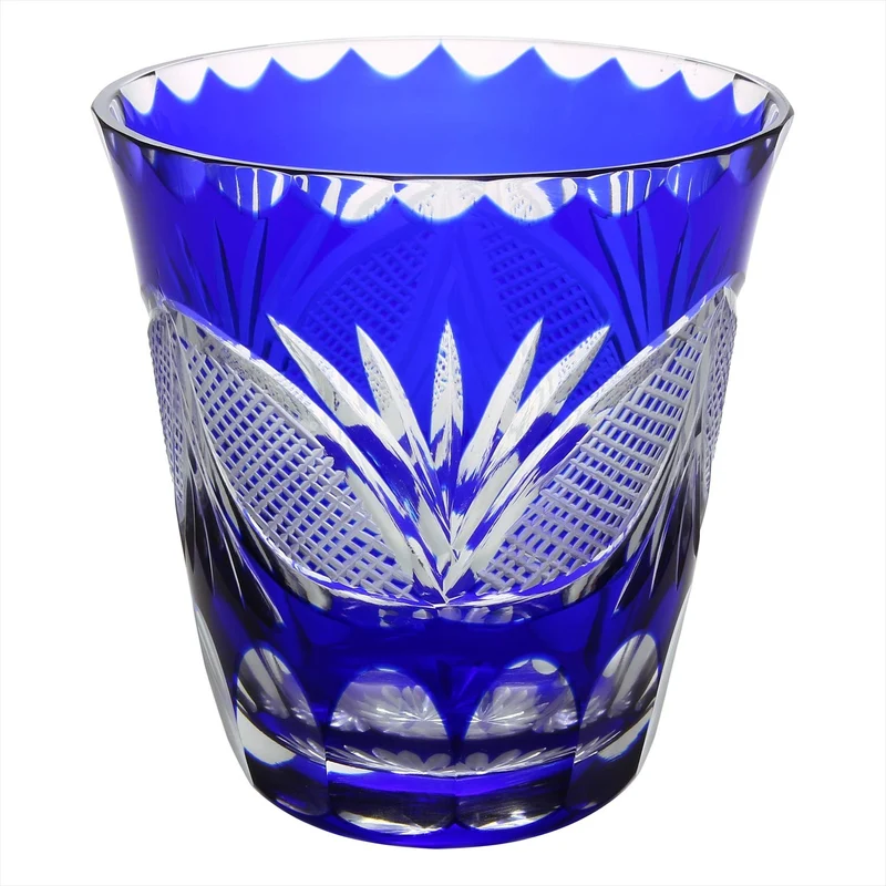 Edo Kiriko Glass Shochu Tumbler Decorative Edge Blue TO-10 290ml Japan Made