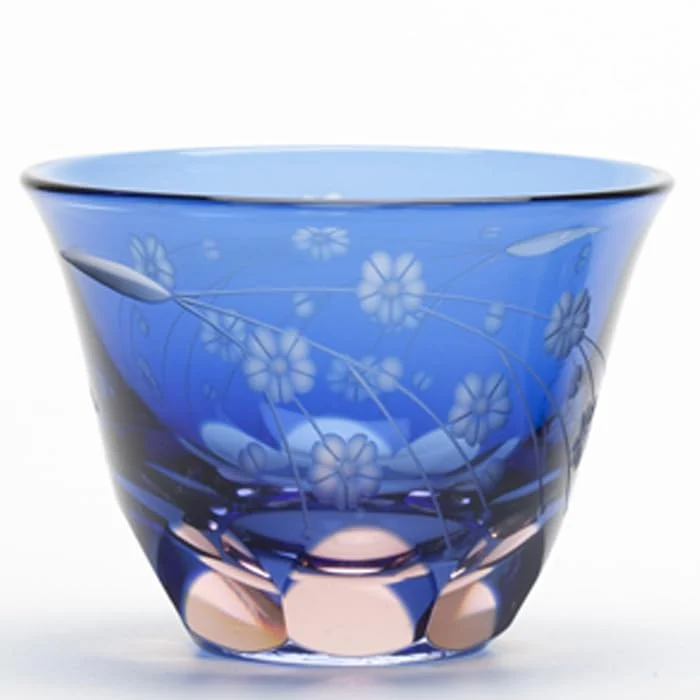 Garasu Kobo Saiho Edo Kiriko Glass Sakura Pattern Blue Pink Gift Box